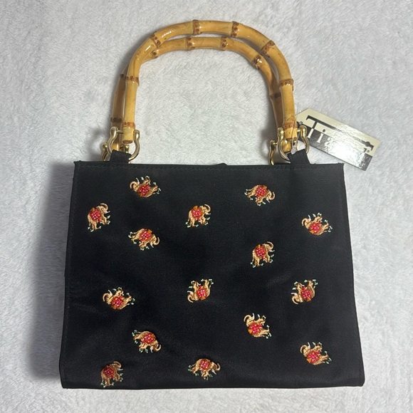 Vintage Handbags - Vintage Deadstock Black Purse with Bamboo Handles and Elephant Design